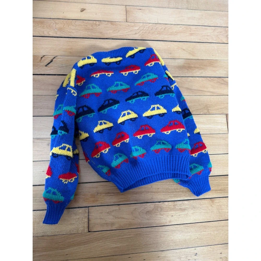 Vintage 80s/90s colorful car fairisle print sweater youth‎ Retro